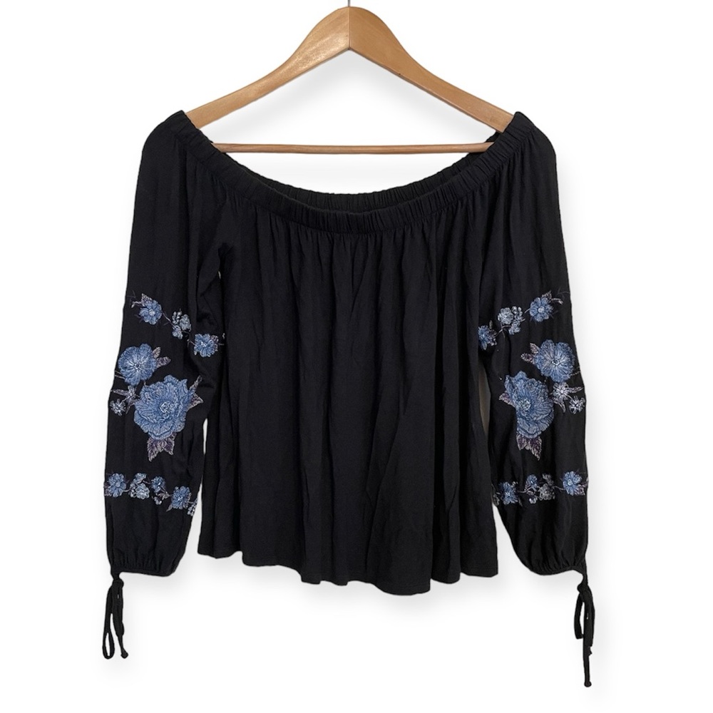 American Eagle Black Embroidered Off-Shoulder Festival Peasant Top Womens M Boho